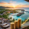 Stacks of gold coins labeled GDP, Revenue, and Profit with a rising graph titled Resort Revenue Growth against a tropical beach resort background at sunset