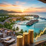 Stacks of gold coins labeled GDP, Revenue, and Profit with a rising graph titled Resort Revenue Growth against a tropical beach resort background at sunset