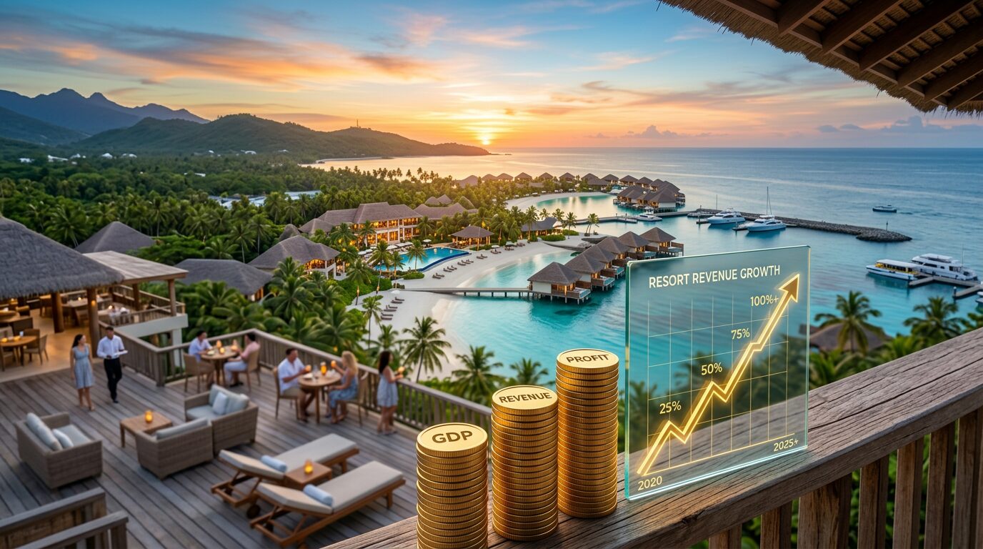 Stacks of gold coins labeled GDP, Revenue, and Profit with a rising graph titled Resort Revenue Growth against a tropical beach resort background at sunset